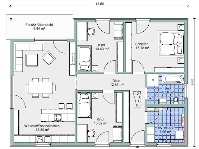 Fertighaus Bestseller Komfort 116 von BoHolz Haus Schlüsselfertig ab 347930€, Bungalow Grundriss 1