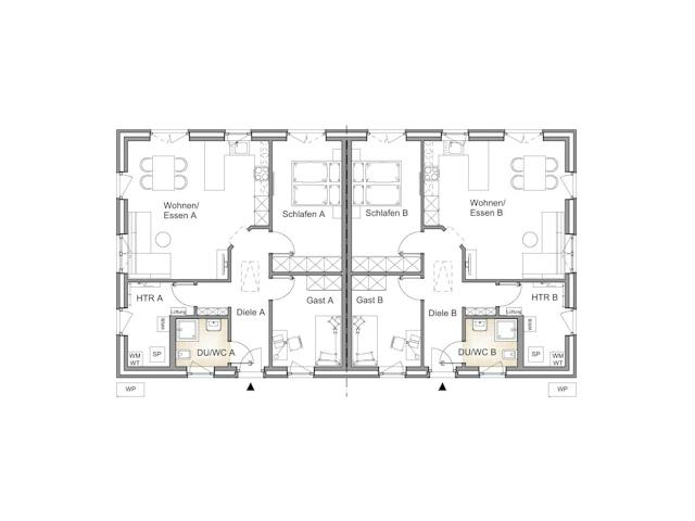 Massivhaus Doppelhaus 75 von Kähler Massivhaus Schlüsselfertig ab 229245€, Bungalow Grundriss 1