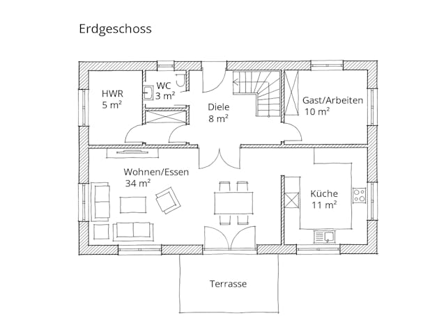 Massivhaus Eineinhalbgeschosser 120/130 von Ever Energy Home, Satteldach-Klassiker Grundriss 1
