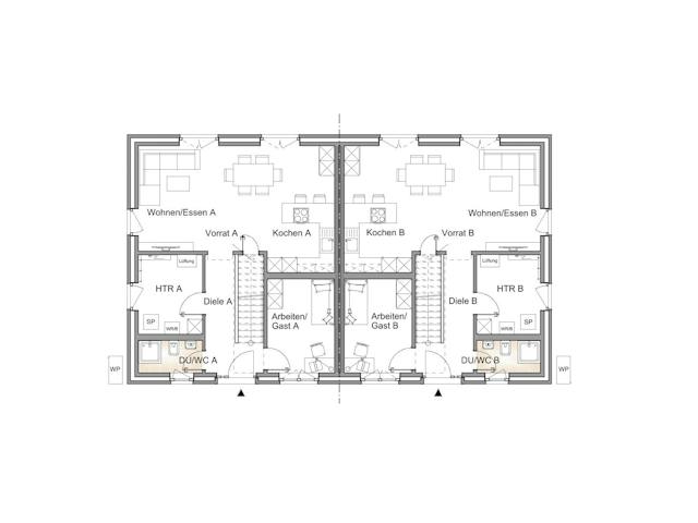 Massivhaus DOPPELHAUS 130 von Kähler Massivhaus Schlüsselfertig ab 323130€, Stadtvilla Grundriss 1