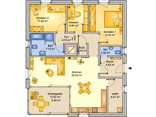 Fertighaus Planungsbeispiel 106H10 von Bio-Solar-Haus Schlüsselfertig ab 331950€, Bungalow Grundriss 1