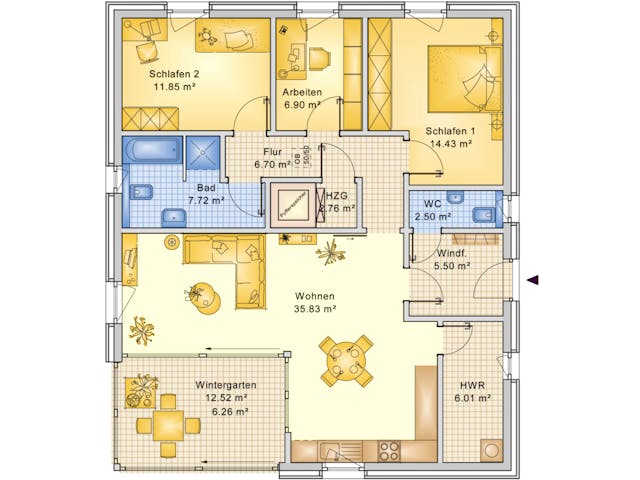 Fertighaus Planungsbeispiel 106H10 von Bio-Solar-Haus Schlüsselfertig ab 391701€, Bungalow Grundriss 1
