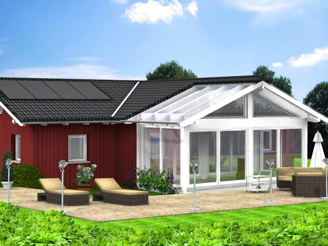 Fertighaus Planungsbeispiel 114H10 von Bio-Solar-Haus Schlüsselfertig ab 354660€, Bungalow Außenansicht 1 Fertighaus Planungsbeispiel 114H10 von Bio-Solar-Haus Schlüsselfertig ab 354660€, Bungalow Außenansicht 1