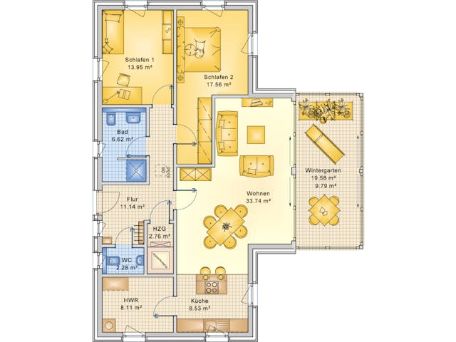 Fertighaus Planungsbeispiel 114H10 von Bio-Solar-Haus Schlüsselfertig ab 418499€, Bungalow Grundriss 1