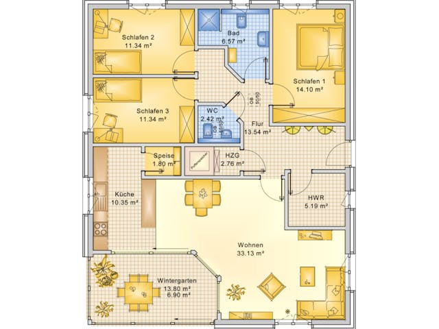 Fertighaus Planungsbeispiel 119H10 von Bio-Solar-Haus Schlüsselfertig ab 345577€, Bungalow Grundriss 1 Fertighaus Planungsbeispiel 119H10 von Bio-Solar-Haus Schlüsselfertig ab 345577€, Bungalow Grundriss 1