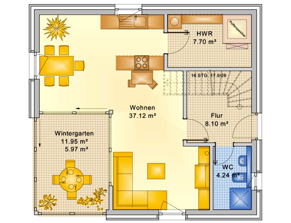 Fertighaus Planungsbeispiel 120H20 von Bio-Solar-Haus Schlüsselfertig ab 344388€, Satteldach-Klassiker Grundriss 1