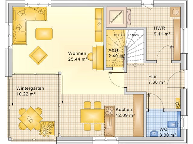 Fertighaus Planungsbeispiel 128H20 von Bio-Solar-Haus Schlüsselfertig ab 371094€, Satteldach-Klassiker Grundriss 1