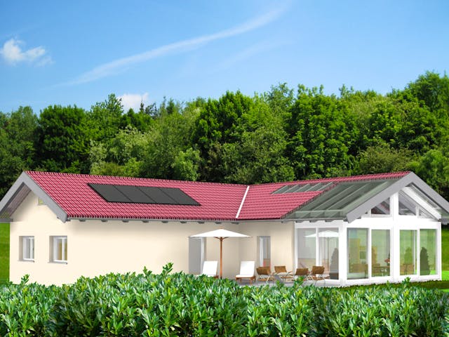 Fertighaus Planungsbeispiel 132H10 von Bio-Solar-Haus Schlüsselfertig ab 376735€, Bungalow Außenansicht 1 Fertighaus Planungsbeispiel 132H10 von Bio-Solar-Haus Schlüsselfertig ab 376735€, Bungalow Außenansicht 1