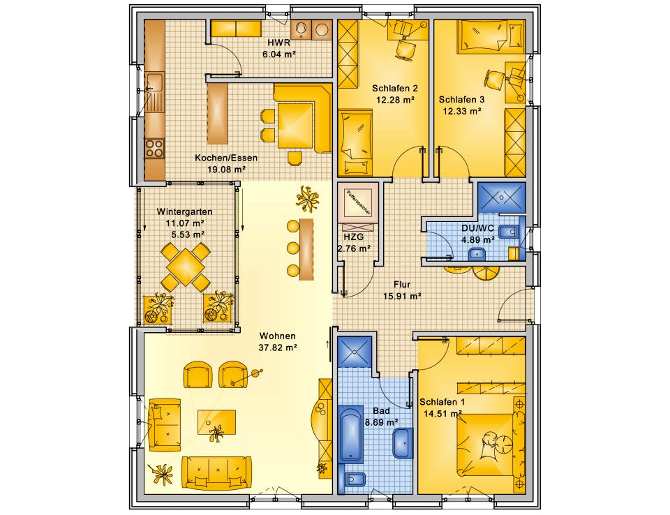 Fertighaus Planungsbeispiel 132H10 von Bio-Solar-Haus Schlüsselfertig ab 376735€, Bungalow Grundriss 1