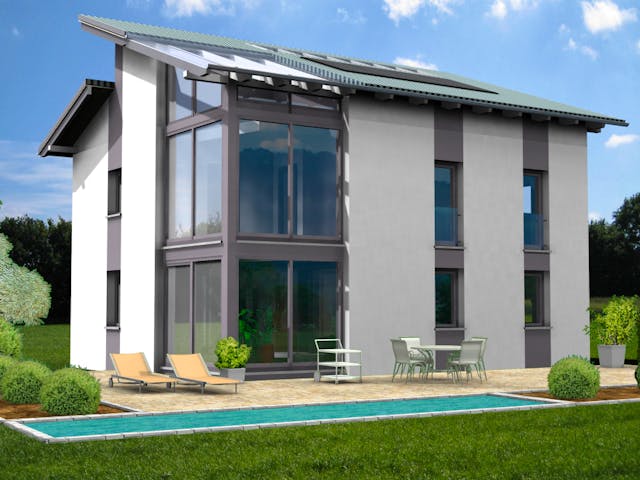 Fertighaus Planungsbeispiel 139H20 von Bio-Solar-Haus Schlüsselfertig ab 401226€, Pultdachhaus Außenansicht 1 Fertighaus Planungsbeispiel 139H20 von Bio-Solar-Haus Schlüsselfertig ab 401226€, Pultdachhaus Außenansicht 1