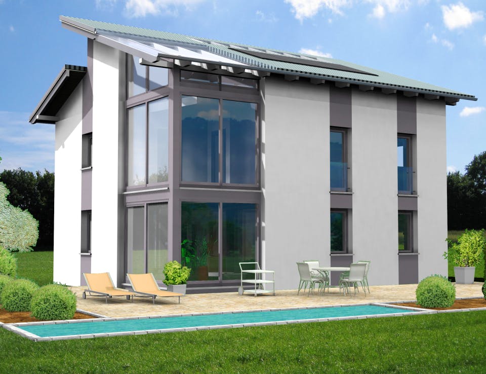 Fertighaus Planungsbeispiel 139H20 von Bio-Solar-Haus Schlüsselfertig ab 401226€, Pultdachhaus Außenansicht 1