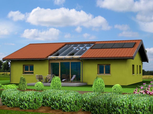 Fertighaus Planungsbeispiel 140H10 von Bio-Solar-Haus Schlüsselfertig ab 374849€, Bungalow Außenansicht 1