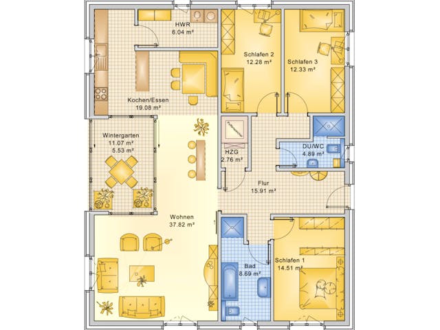 Fertighaus Planungsbeispiel 140H10 von Bio-Solar-Haus Schlüsselfertig ab 442322€, Bungalow Grundriss 1