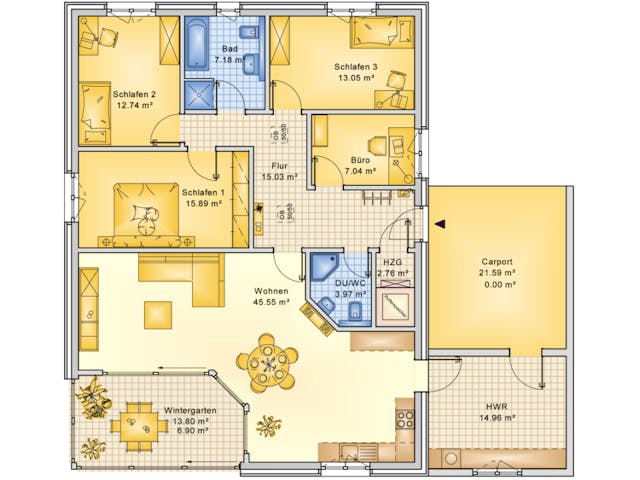 Fertighaus Planungsbeispiel 145H10 von Bio-Solar-Haus Schlüsselfertig ab 385978€, Bungalow Grundriss 1