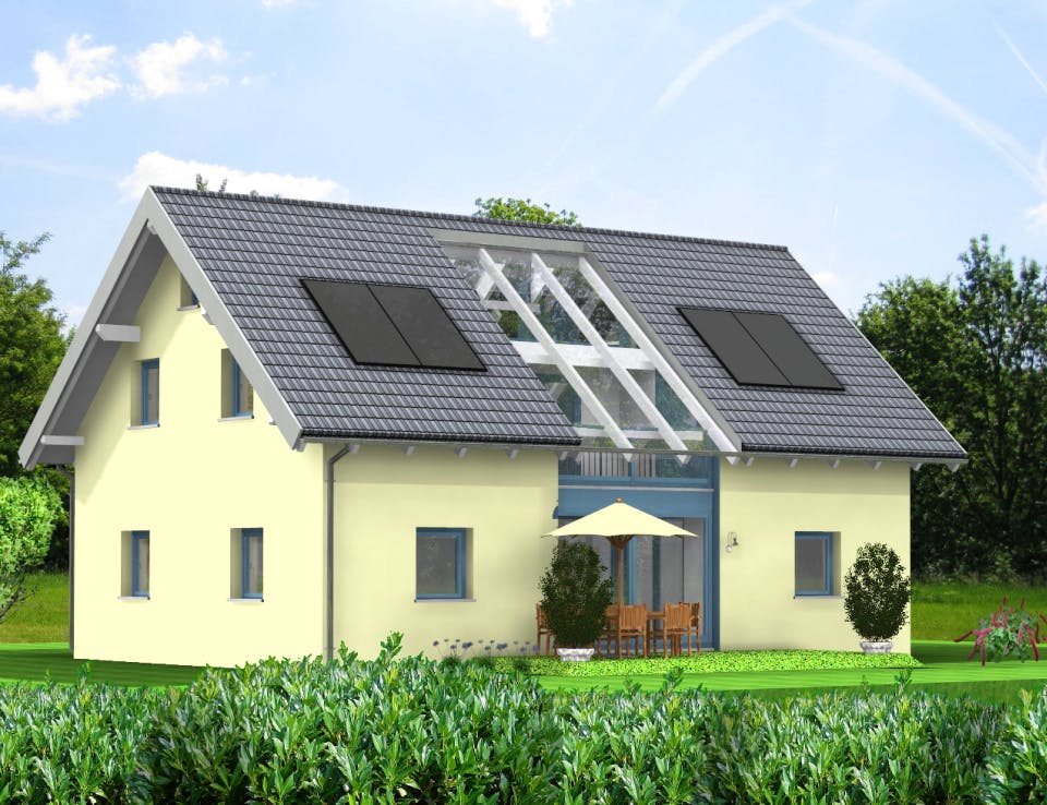 Fertighaus Planungsbeispiel 158H15 von Bio-Solar-Haus Schlüsselfertig ab 391699€, Satteldach-Klassiker Außenansicht 1