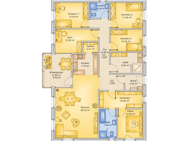 Fertighaus Planungsbeispiel 160H10 von Bio-Solar-Haus Schlüsselfertig ab 411471€, Bungalow Grundriss 1