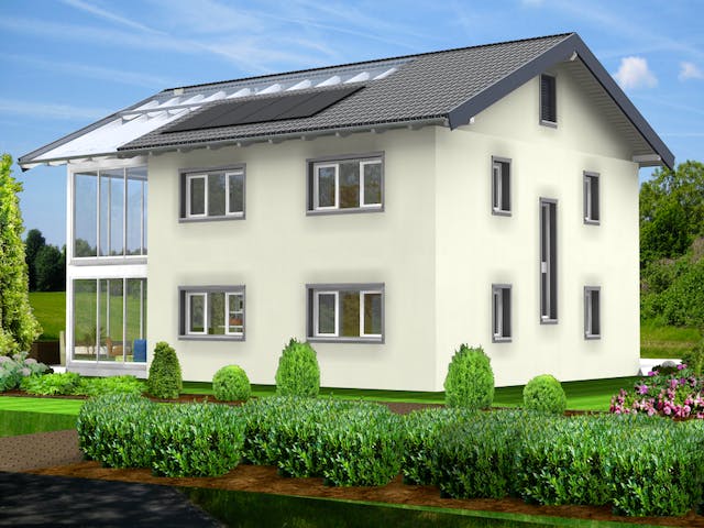 Fertighaus Planungsbeispiel 183H20 von Bio-Solar-Haus Schlüsselfertig ab 442075€, Satteldach-Klassiker Außenansicht 1