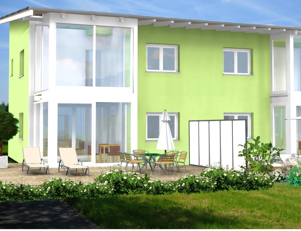 Fertighaus Planungsbeispiel 223DH20 von Bio-Solar-Haus Schlüsselfertig ab 593040€, Pultdachhaus Außenansicht 1