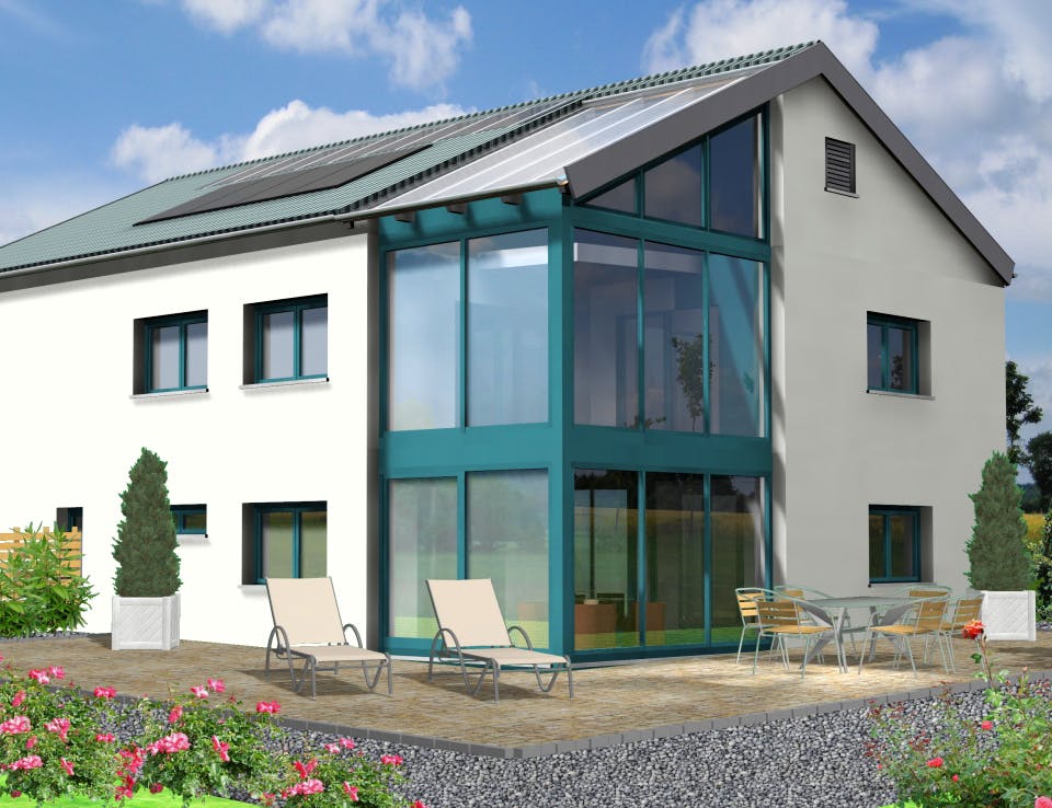Fertighaus Planungsbeispiel 252H20 von Bio-Solar-Haus Schlüsselfertig ab 585711€, Satteldach-Klassiker Außenansicht 1