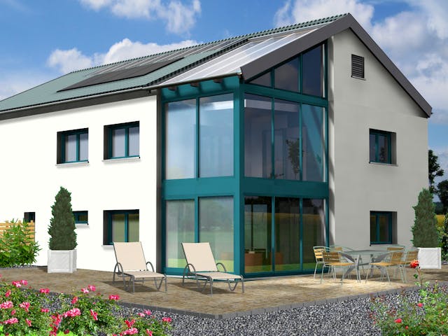 Fertighaus Planungsbeispiel 252H20 von Bio-Solar-Haus Schlüsselfertig ab 585711€, Satteldach-Klassiker Außenansicht 1
