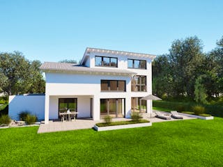 Massivhaus Entwurf CS211 von FAVORIT Massivhaus, Pultdachhaus Außenansicht 2