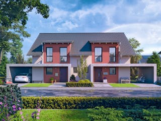 Fertighaus Doppelhaushälfte 238-238-125 von BoHolz Haus, Satteldach-Klassiker Außenansicht 1