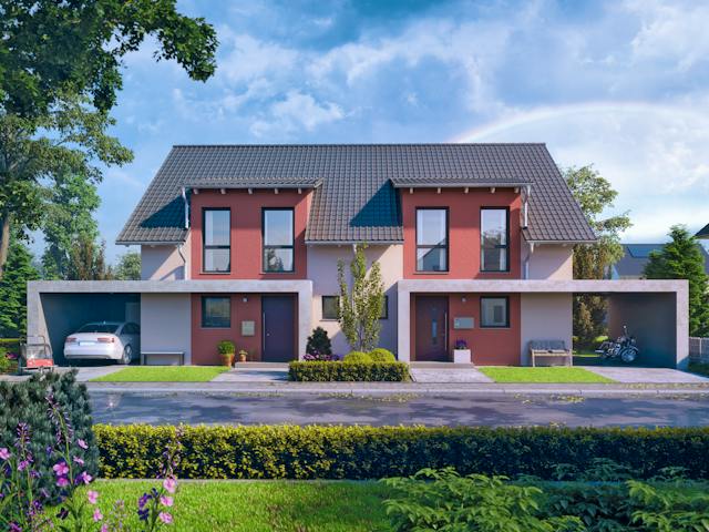 Fertighaus Doppelhaushälfte 238-238-125 von BoHolz Haus, Satteldach-Klassiker Außenansicht 1