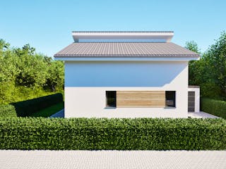 Massivhaus Entwurf CS116 von FAVORIT Massivhaus, Pultdachhaus Außenansicht 4