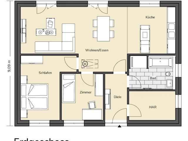 Massivhaus Bungalow 300 von BRALE Bau Schlüsselfertig ab 211500€, Bungalow Grundriss 1
