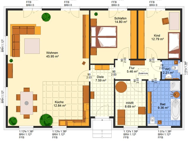 Massivhaus Heide von AVOS Hausbau Schlüsselfertig ab 294000€, Bungalow Grundriss 1