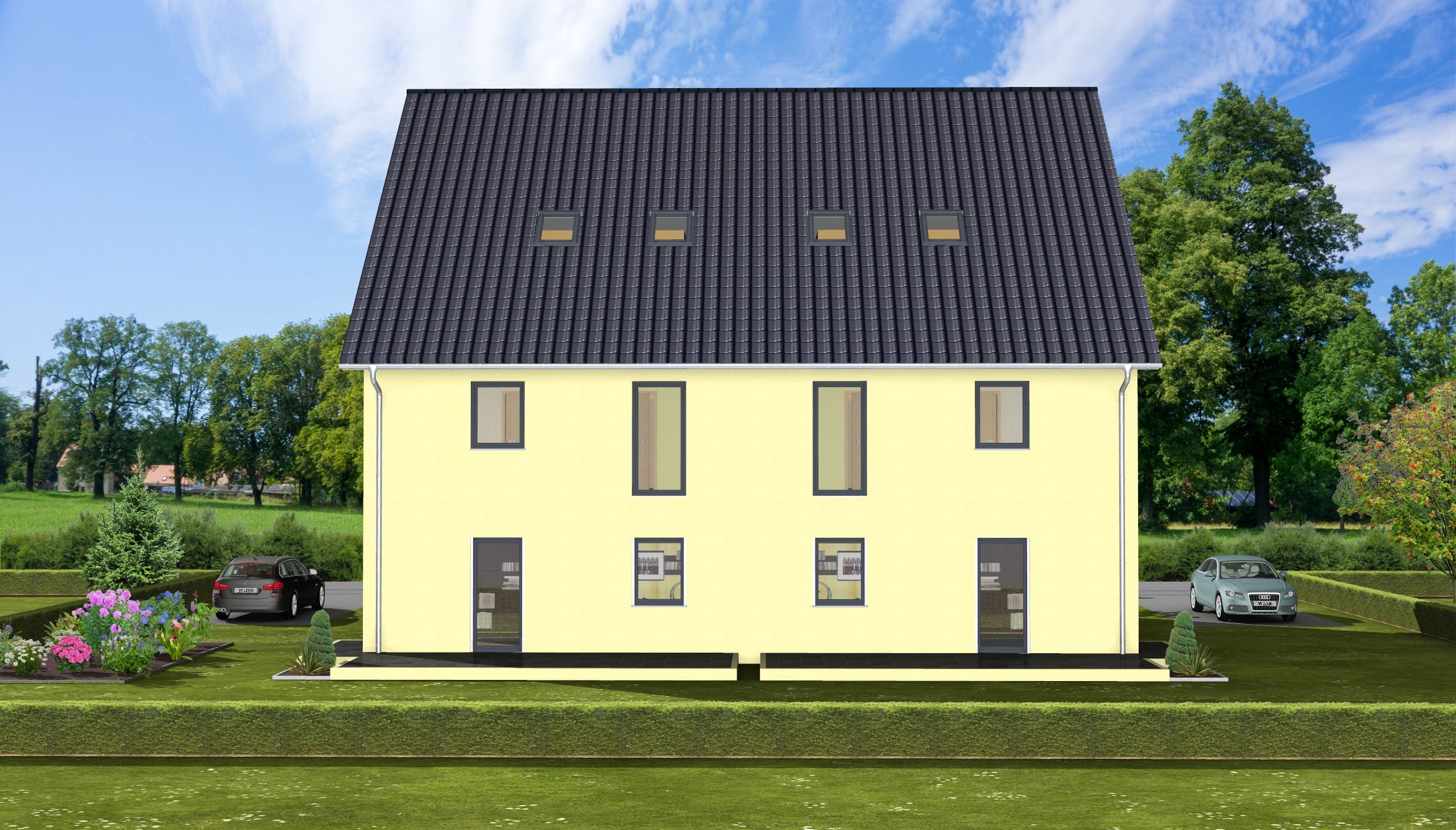 Massivhaus Ballandria von AVOS Hausbau Schlüsselfertig ab 955000€, Satteldach-Klassiker Außenansicht 1
