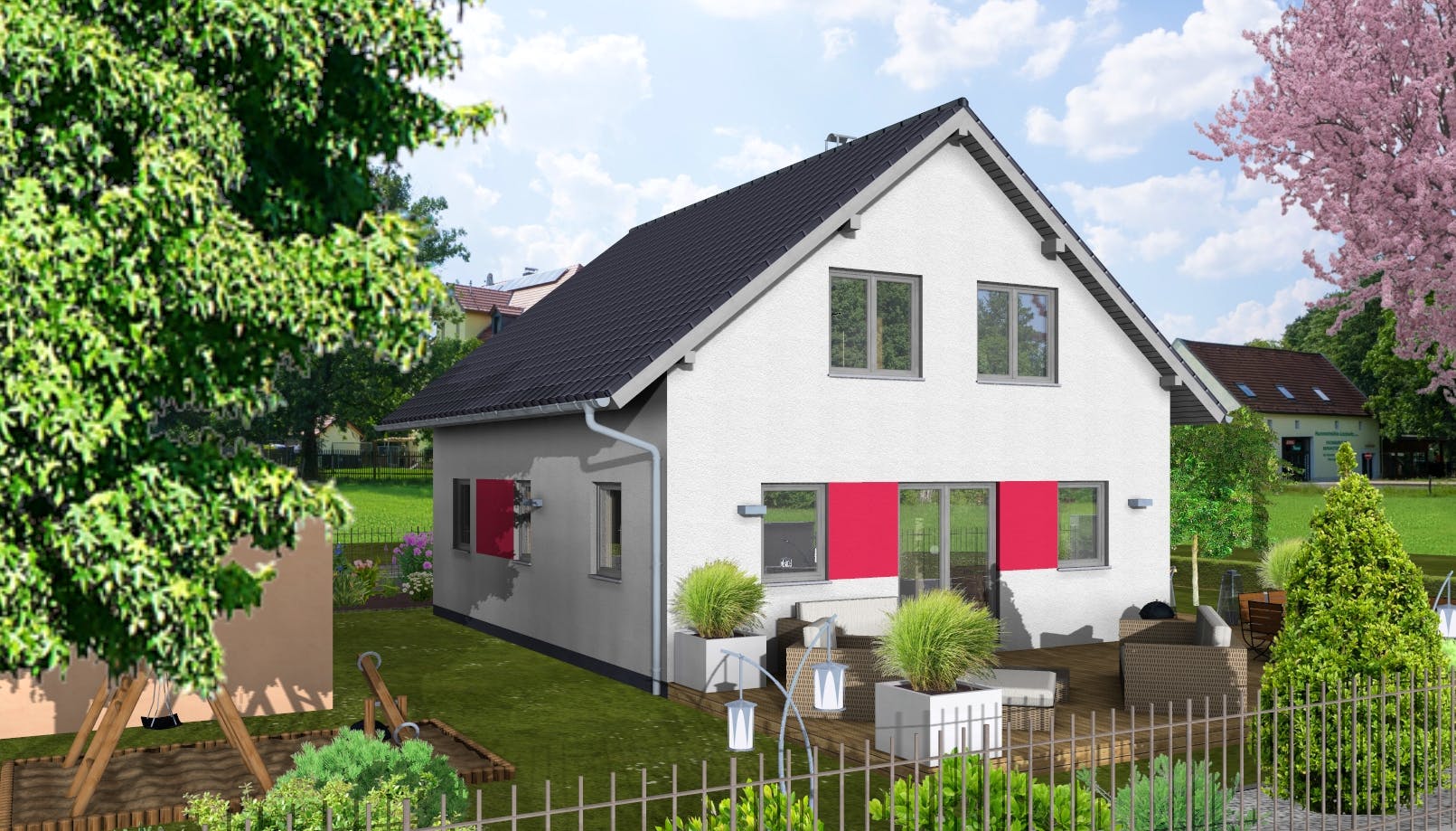 Massivhaus Dahlie von AVOS Hausbau Schlüsselfertig ab 340550€, Satteldach-Klassiker Außenansicht 1