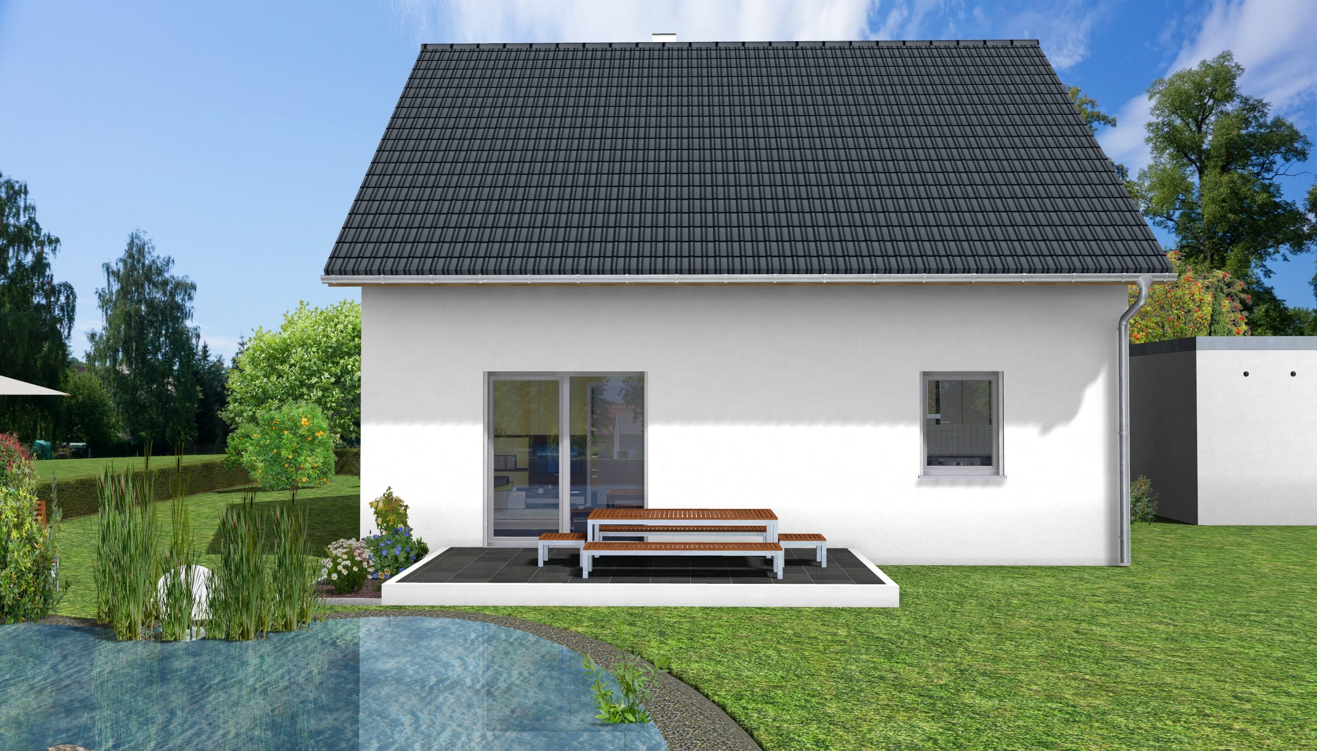 Massivhaus Kleeblatt von AVOS Hausbau Schlüsselfertig ab 315950€, Satteldach-Klassiker Außenansicht 1