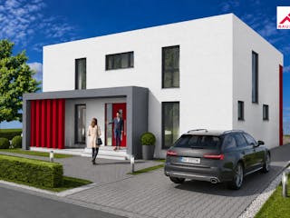 Massivhaus Stadtvilla 202 im Bauhausstill mit LIAPLAN gebaut von Mein Haus Bausysteme, Cubushaus Außenansicht 1