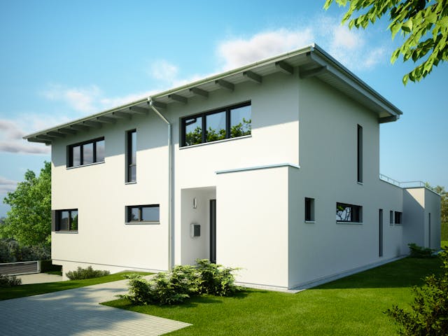 Fertighaus Adamello von Büdenbender Hausbau Schlüsselfertig ab 1096000€, Pultdachhaus Außenansicht 1