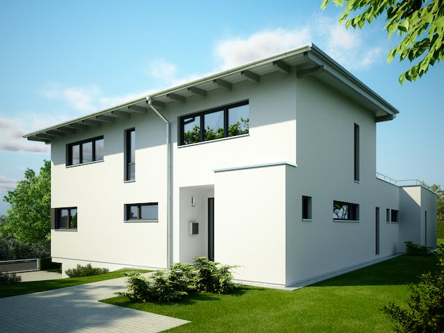Fertighaus Adamello von Büdenbender Hausbau Schlüsselfertig ab 811700€, Pultdachhaus Außenansicht 1