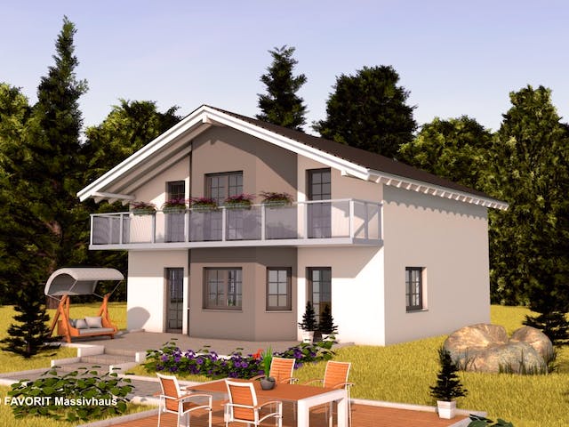 Massivhaus Alpenland 147 von Favorit Massivhaus Schlüsselfertig ab 356680€, Satteldach-Klassiker Außenansicht 1