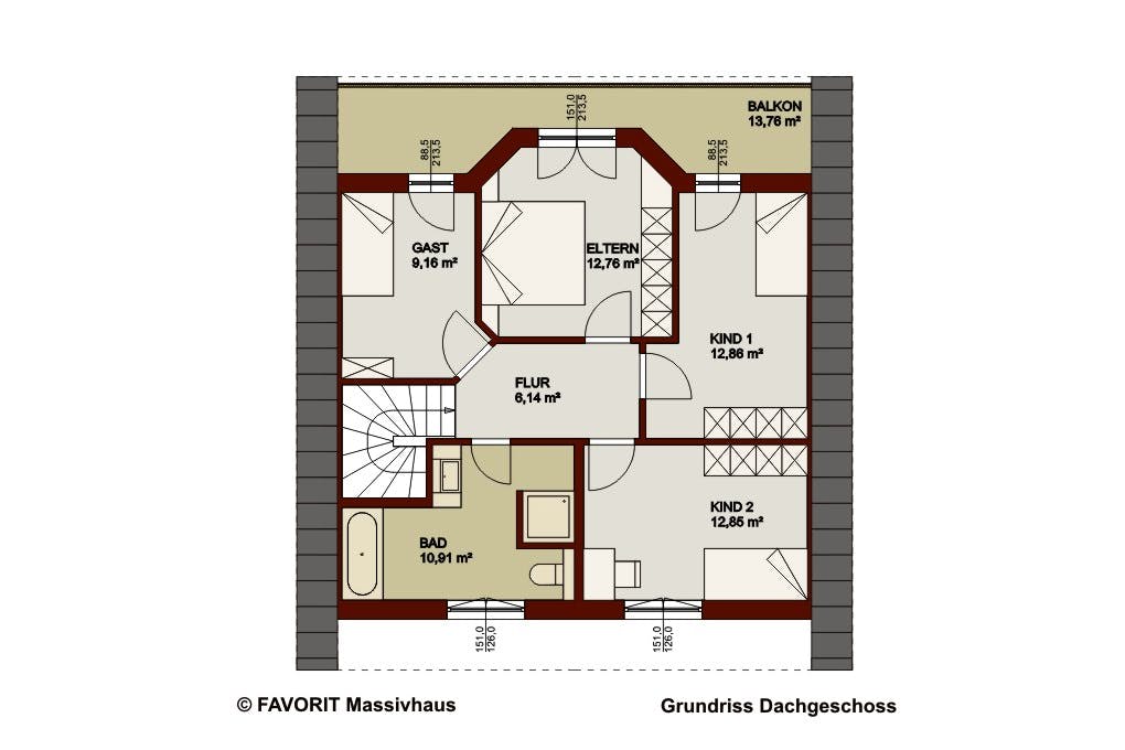 Massivhaus Alpenland 147 von Favorit Massivhaus Schlüsselfertig ab 356680€, Satteldach-Klassiker Grundriss 2
