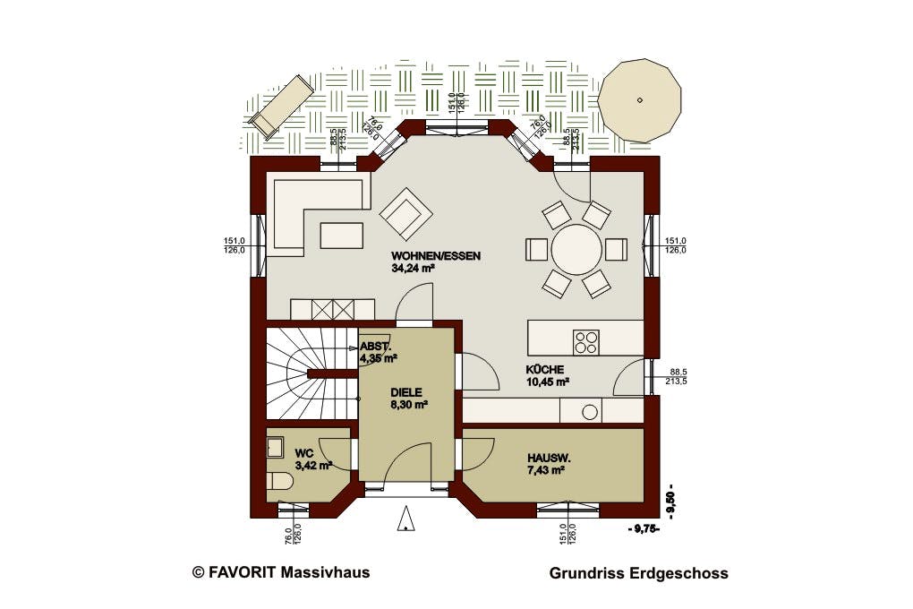 Massivhaus Alpenland 147 von Favorit Massivhaus Schlüsselfertig ab 356680€, Satteldach-Klassiker Grundriss 1