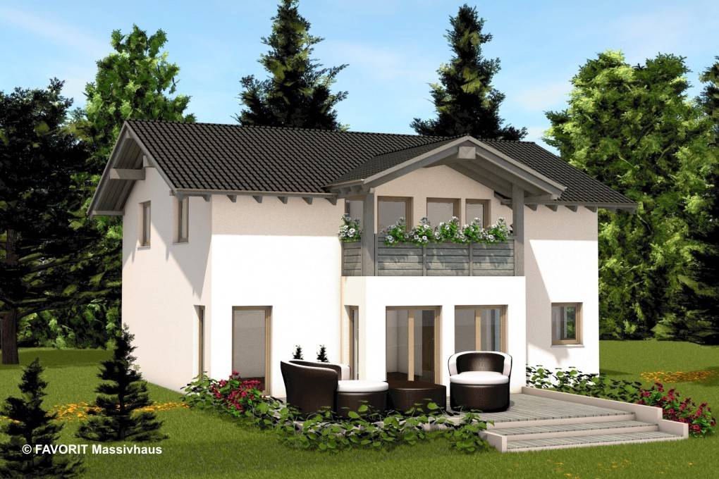 Massivhaus Alpenland 174 von Favorit Massivhaus Schlüsselfertig ab 409560€, Satteldach-Klassiker Außenansicht 1
