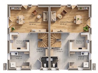 Massivhaus DHH Satteldach von AMR-Wohnbau Schlüsselfertig ab 272000€, Satteldach-Klassiker Grundriss 1