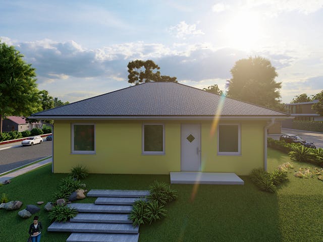 Massivhaus Aspe von AVOS Hausbau Schlüsselfertig ab 182500€, Bungalow Außenansicht 1 Massivhaus Aspe von AVOS Hausbau Schlüsselfertig ab 182500€, Bungalow Außenansicht 1