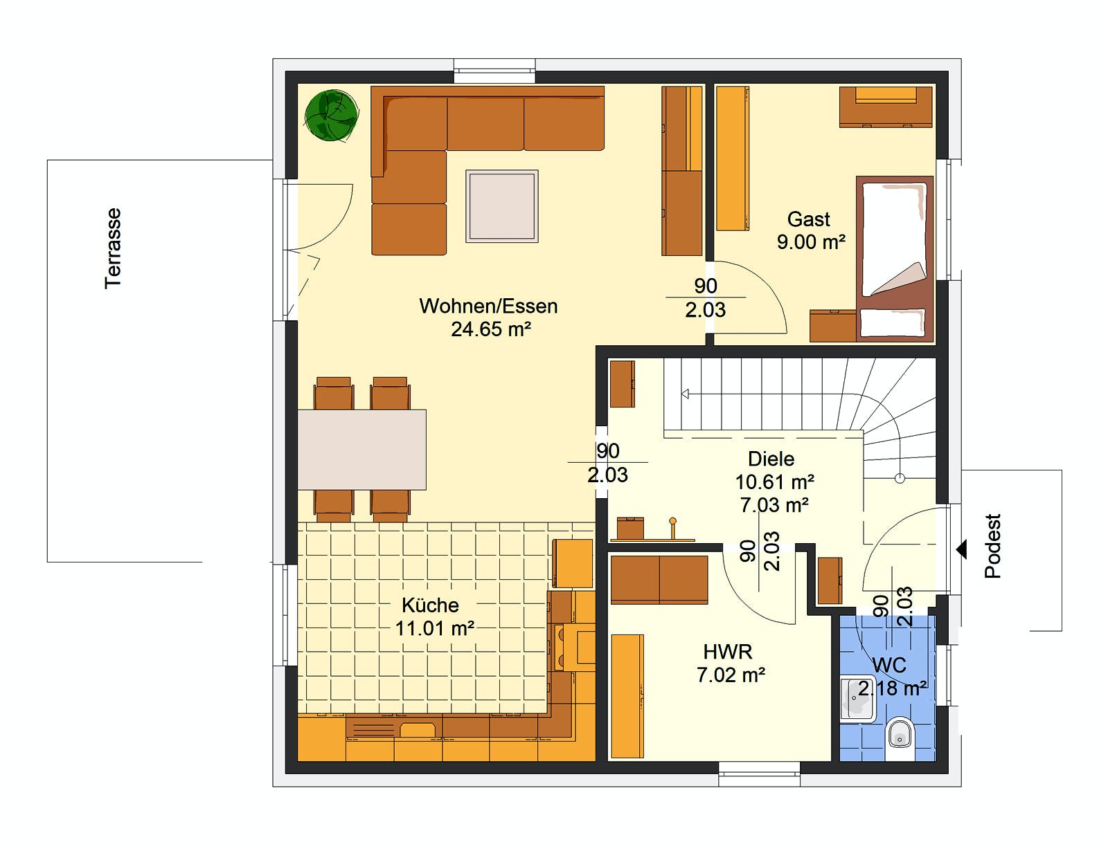 Massivhaus Gina von AVOS Hausbau Schlüsselfertig ab 313500€, Satteldach-Klassiker Grundriss 1