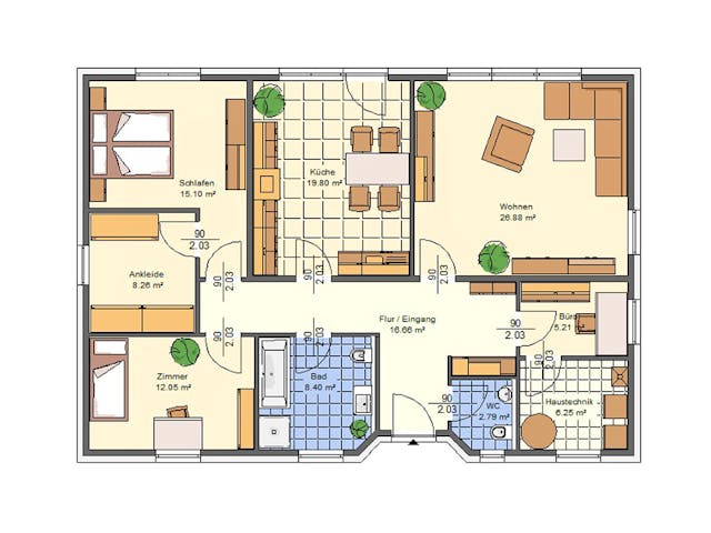 Massivhaus Kiefer von AVOS Hausbau Schlüsselfertig ab 297500€, Bungalow Grundriss 1