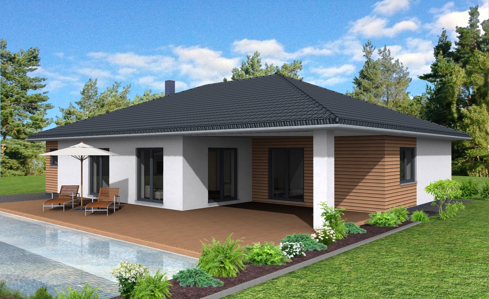 Fertighaus Bungalow 150 von Suckfüll Energiesparhaus Schlüsselfertig ab 407070€, Bungalow Außenansicht 1