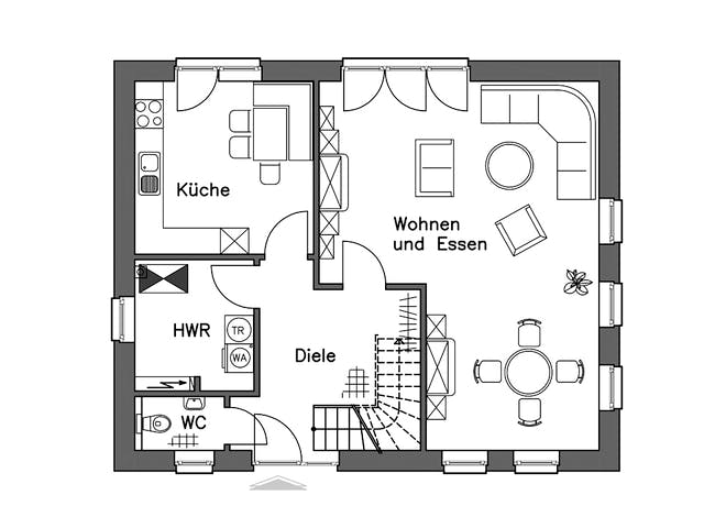 Massivhaus Einfamilienhaus EH140 Basis von Baudirekt, Satteldach-Klassiker Grundriss 1
