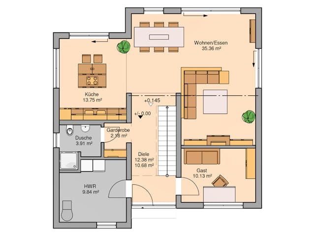 Massivhaus Bauhaus Linea von Kern-Haus Schlüsselfertig ab 462900€, Cubushaus Grundriss 1
