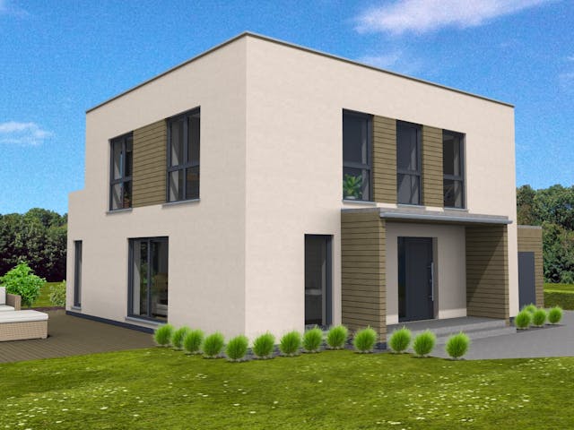 Fertighaus Bauhaus 160 inkl. Eingangsüberdachung von Suckfüll Energiesparhaus Schlüsselfertig ab 484875€, Außenansicht 1