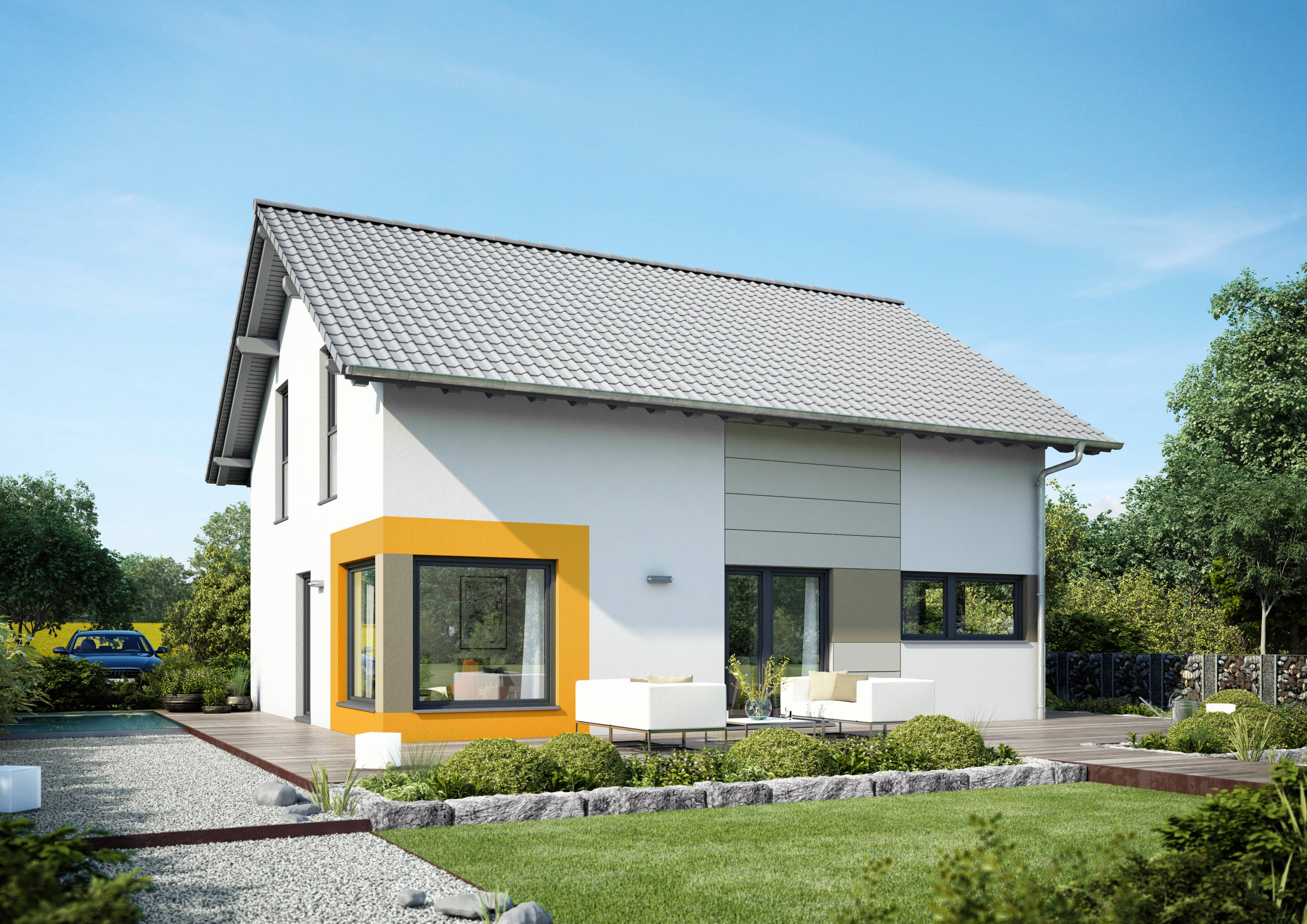 Fertighaus Bellocio von Büdenbender Hausbau Schlüsselfertig ab 328415€, Satteldach-Klassiker Außenansicht 1