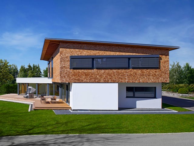 Fertighaus Bullinger - Kundenhaus von Bau-Fritz Schlüsselfertig ab 1240000€, Pultdachhaus Außenansicht 2